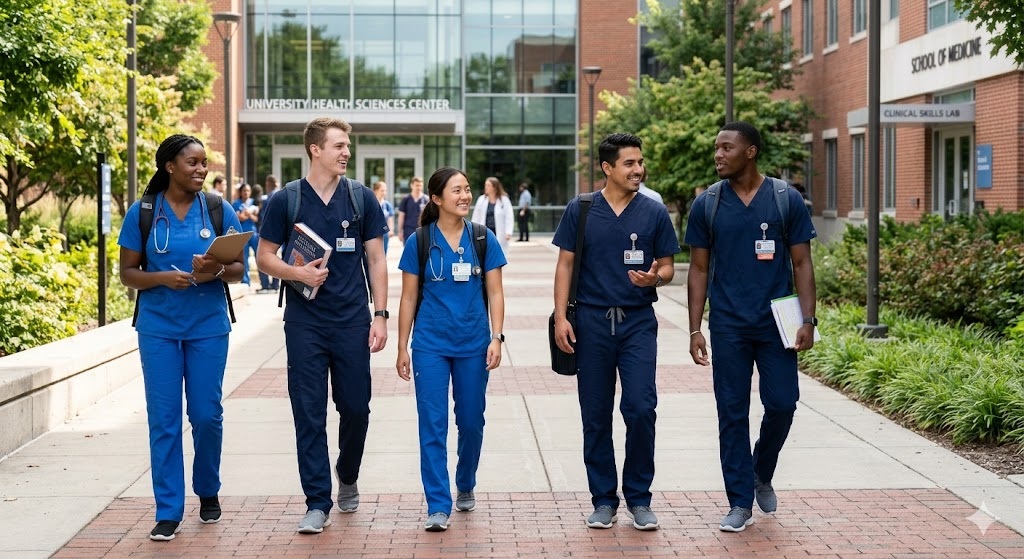 Diverse healthcare students in lab coats studying and collaborating together